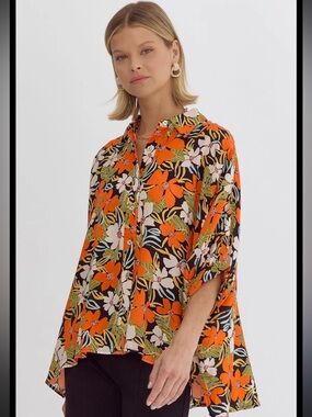 Entro Floral Button Down Short Sleeve Top Small/Medium Orange Black